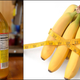 Left: apple cider vinegar bottle; Right: bananas surrounded by measuring tape